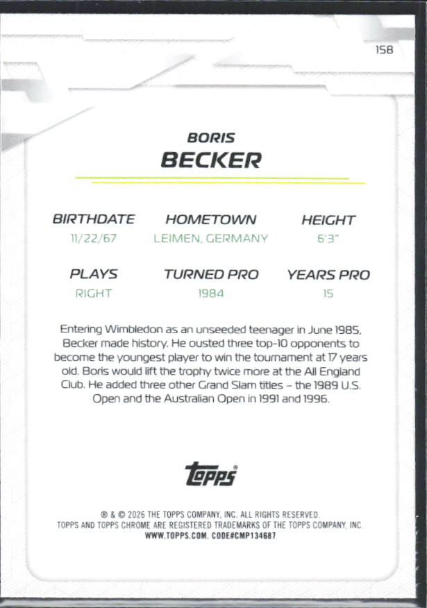2026 Topps Chrome Tennis #158 Boris Becker – baksida