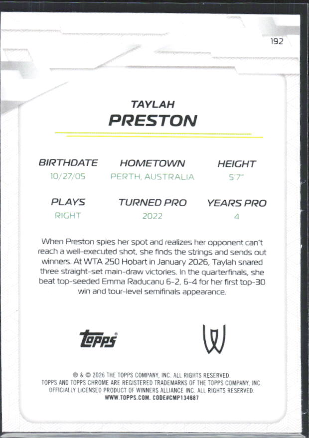 2026 Topps Chrome Tennis #192 Taylah Preston – baksida
