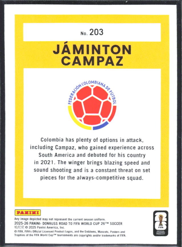 2025-26 Donruss Road to FIFA World Cup #203 Jaminton Campaz – baksida