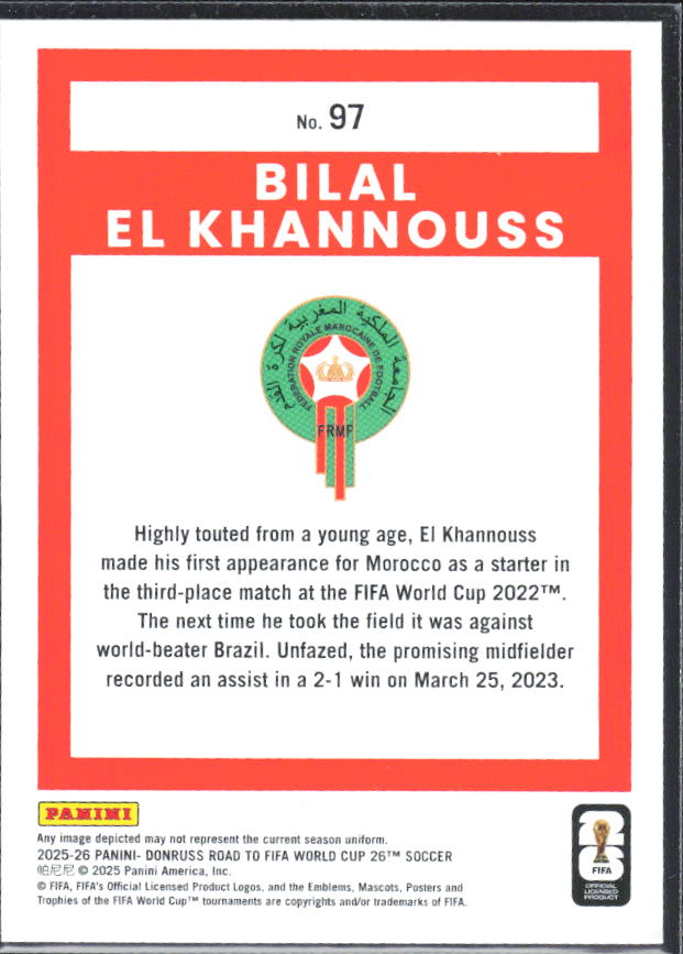 2025-26 Donruss Road to FIFA World Cup #97 Bilal El Khannouss – baksida