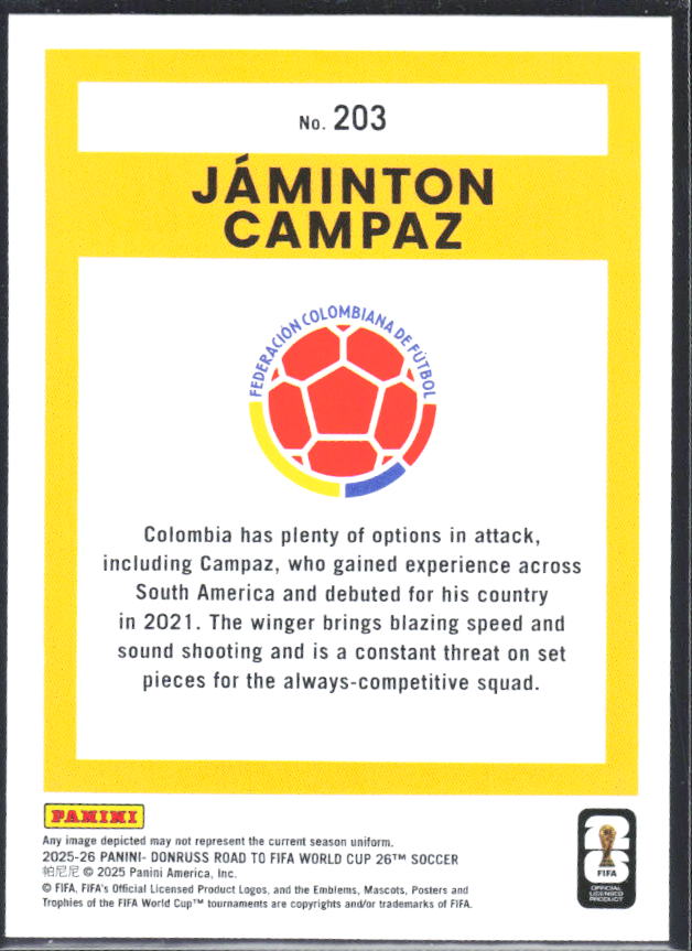 2025-26 Donruss Road to FIFA World Cup #203 Jaminton Campaz – baksida