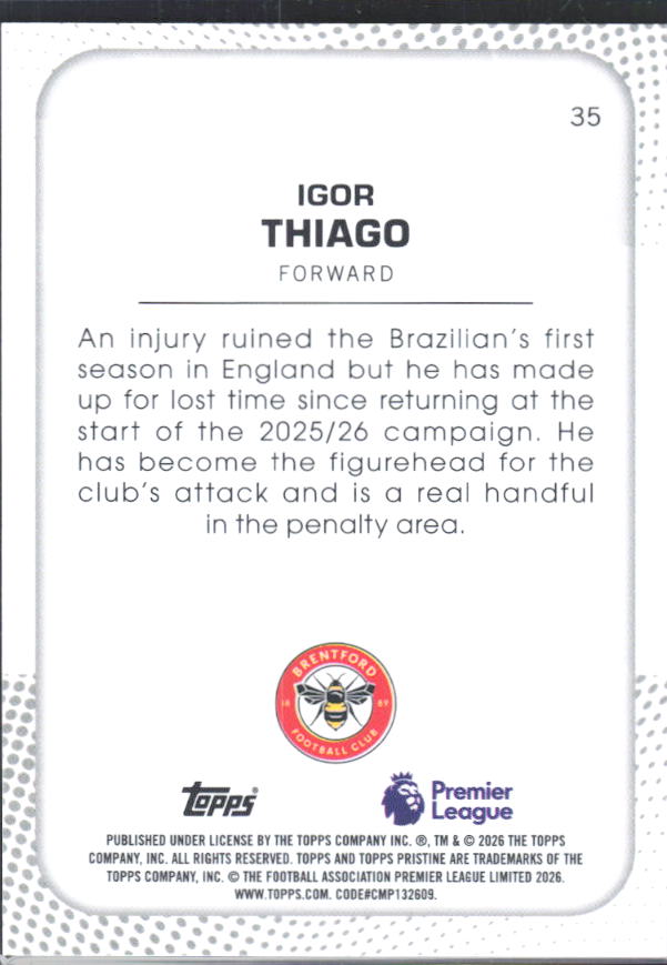 2025-26 Topps Pristine Premier League #35 Igor Thiago – baksida