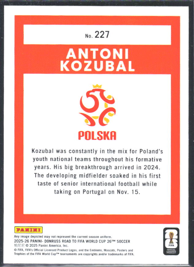 2025-26 Donruss Road to FIFA World Cup #227 Antoni Kozubal – baksida