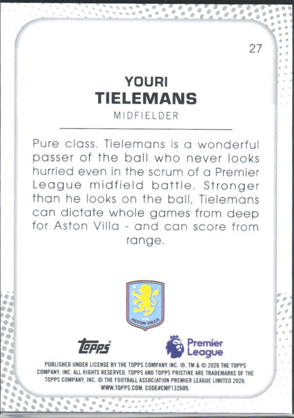 2025-26 Topps Pristine Premier League #27 Youri Tielemans – baksida