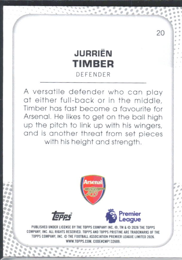 2025-26 Topps Pristine Premier League #20 Jurriën Timber – baksida