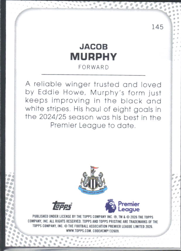 2025-26 Topps Pristine Premier League #145 Jacob Murphy – baksida