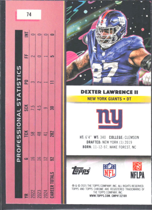 2025 Topps Cosmic Chrome #74 Dexter Lawrence II – baksida