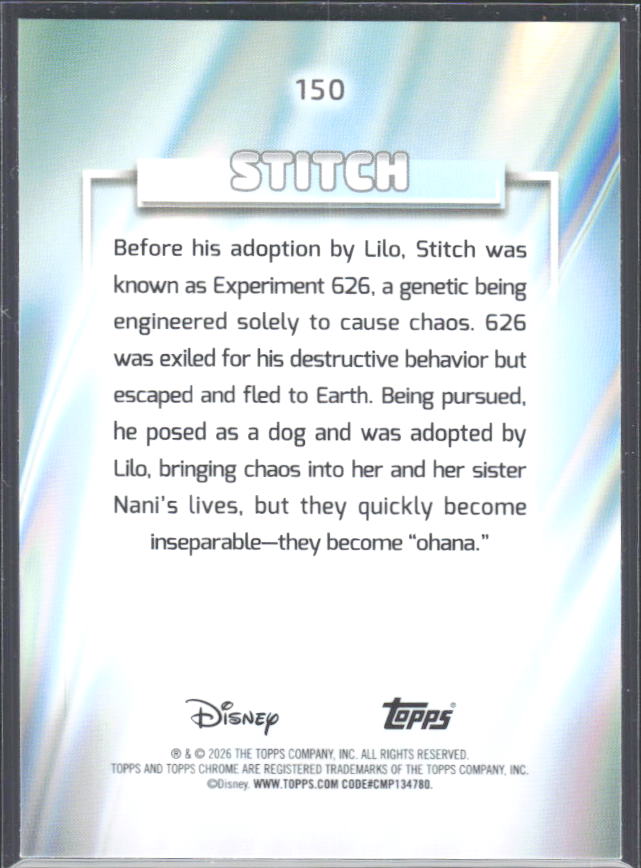 2026 Topps Chrome Disney #150 Stitch – baksida