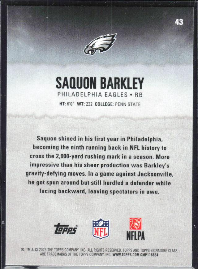 2025 Topps Signature Class #43 Saquon Barkley – baksida