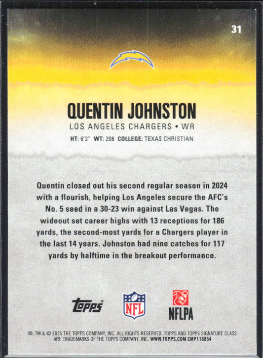 2025 Topps Signature Class #31 Quentin Johnston – baksida