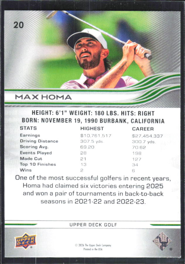 Max Homa 2026 Upper Deck Golf #20 – baksida