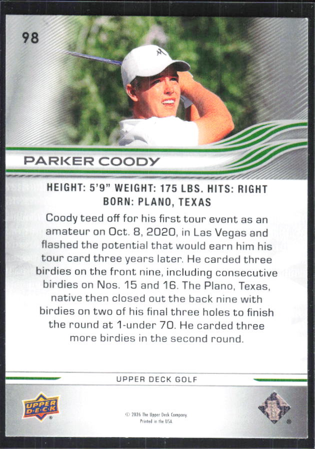 Parker Coody 2026 Upper Deck Golf #98 – baksida