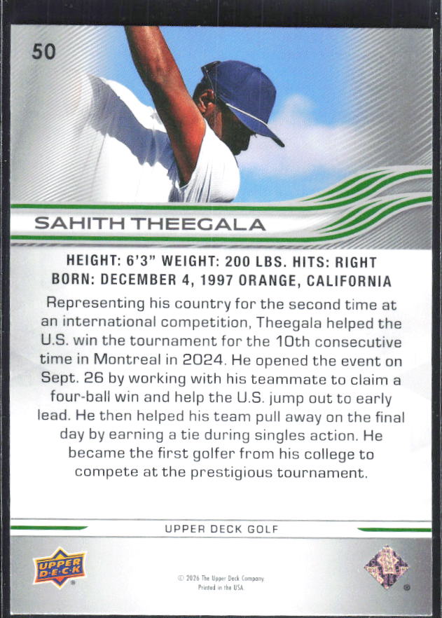 Sahith Theegala 2026 Upper Deck Golf #50 – baksida