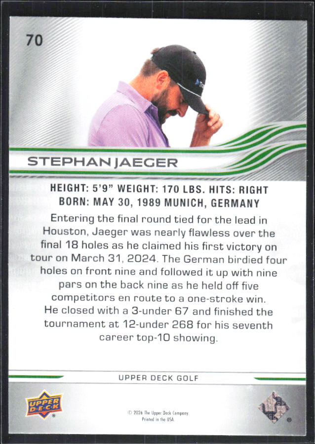 Stephan Jaeger 2026 Upper Deck Golf #70 – baksida