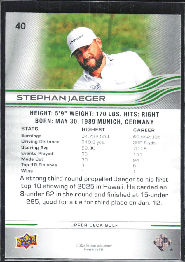 Stephan Jaeger 2026 Upper Deck Golf #40 – baksida