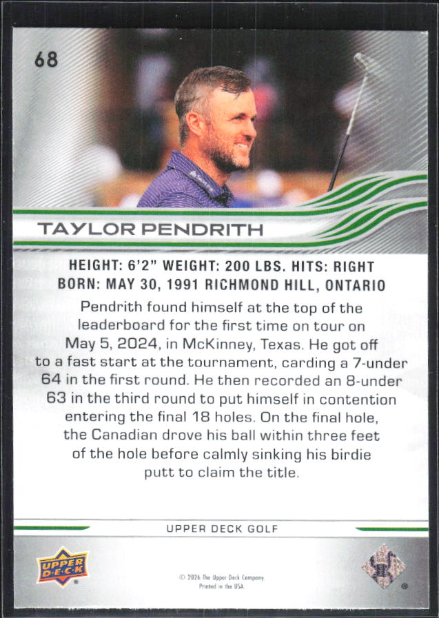 Taylor Pendrith 2026 Upper Deck Golf #68 – baksida