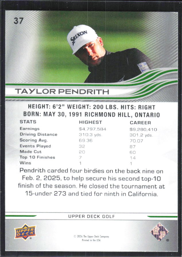 Taylor Pendrith 2026 Upper Deck Golf #37 – baksida