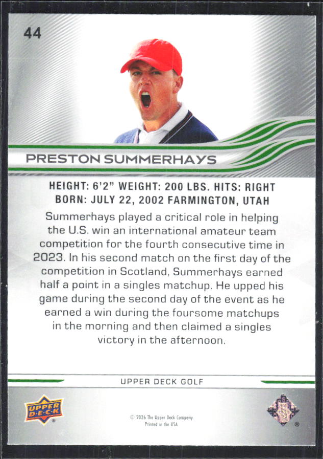Preston Summerhays 2026 Upper Deck Golf #44 – baksida