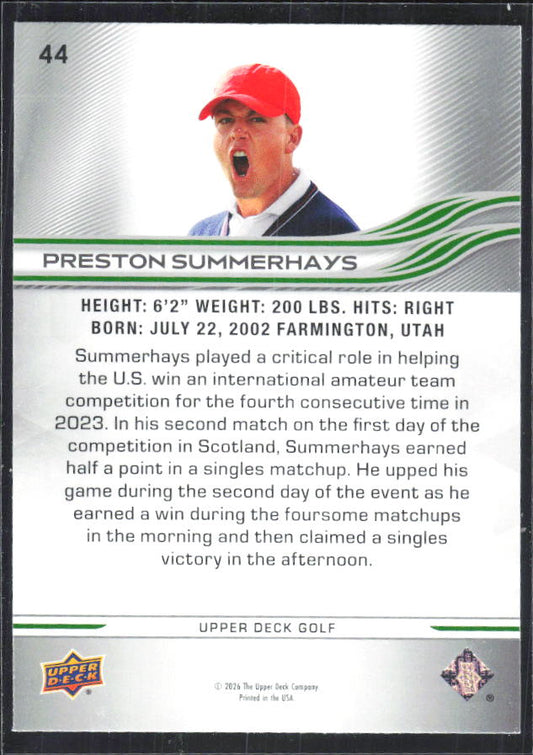 Preston Summerhays 2026 Upper Deck Golf #44 – baksida