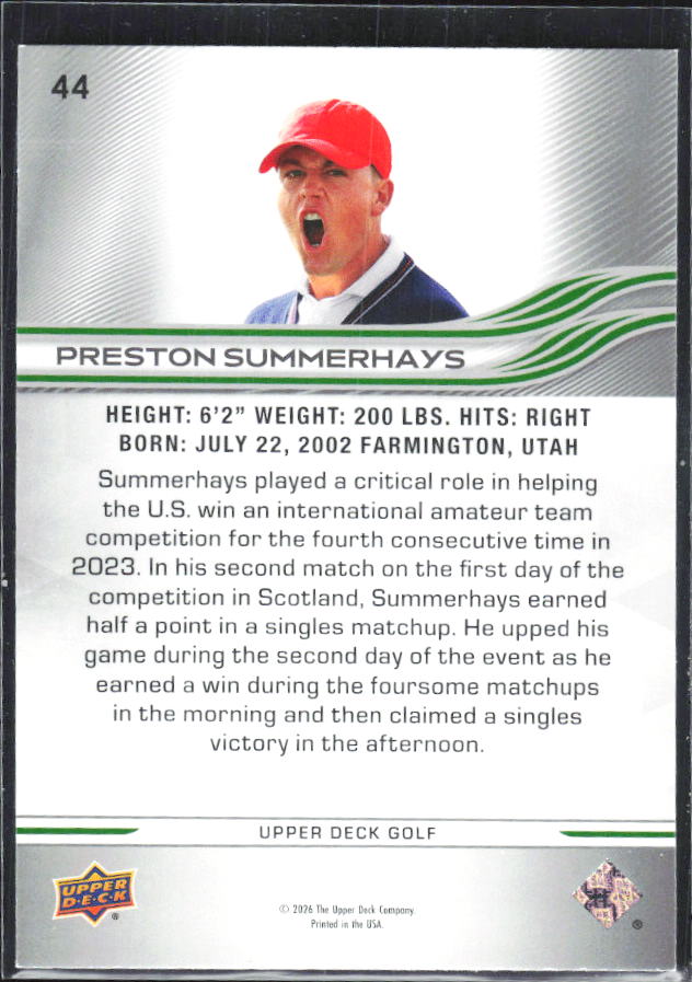 Preston Summerhays 2026 Upper Deck Golf #44 – baksida