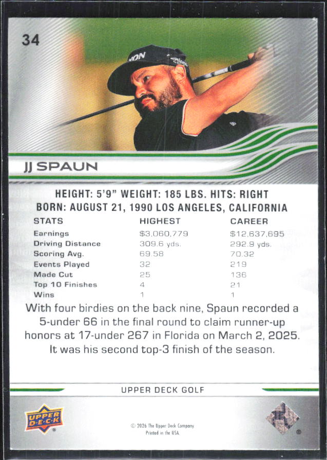 J.J. Spaun 2026 Upper Deck Golf #34 – baksida