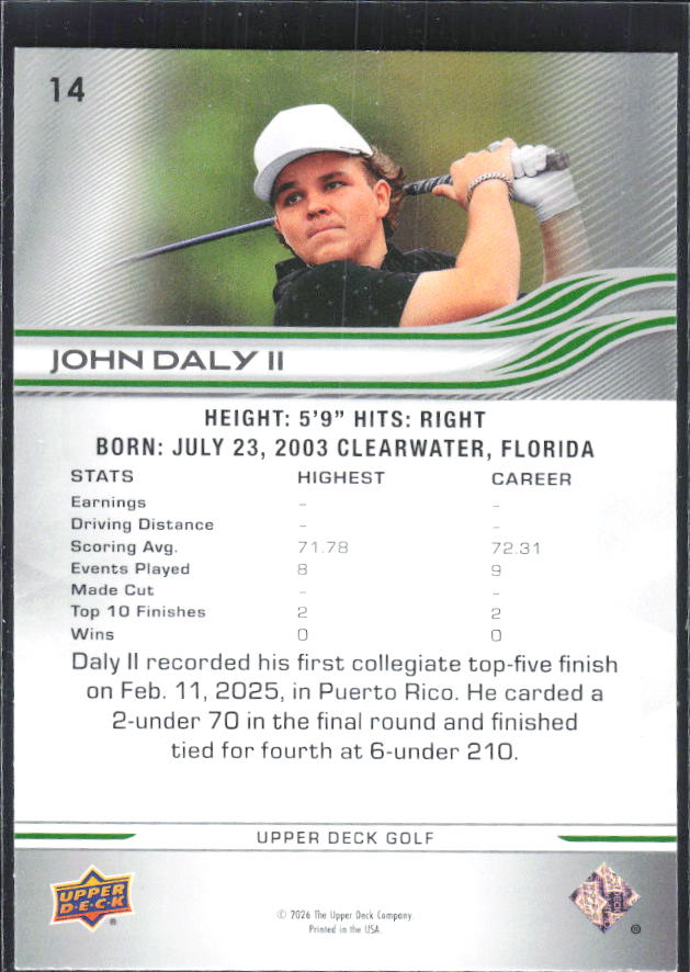 John Daly II 2026 Upper Deck Golf #14 – baksida