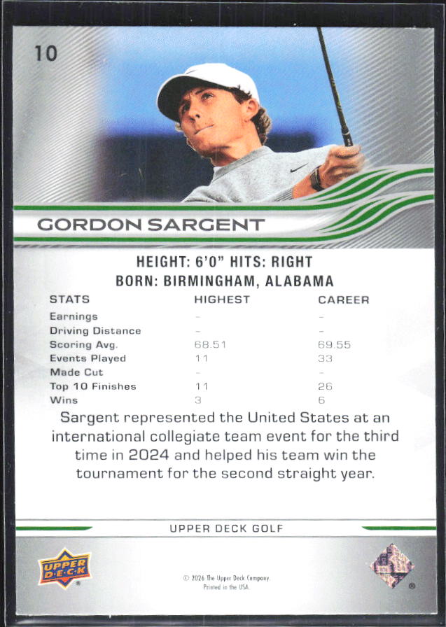 Gordon Sargent 2026 Upper Deck Golf #10 – baksida