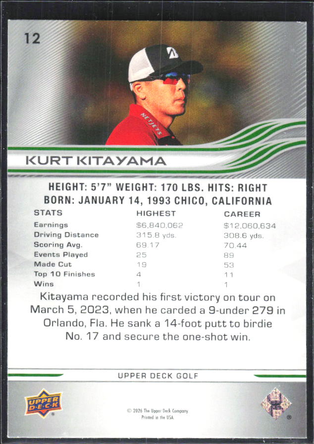 Kurt Kitayama 2026 Upper Deck Golf #12 – baksida