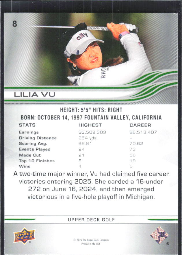 Lilia Vu 2026 Upper Deck Golf #8 – baksida