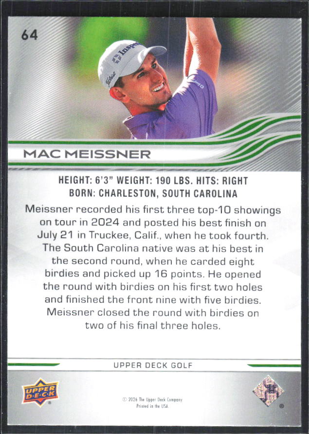 Mac Meissner 2026 Upper Deck Golf #64 – baksida