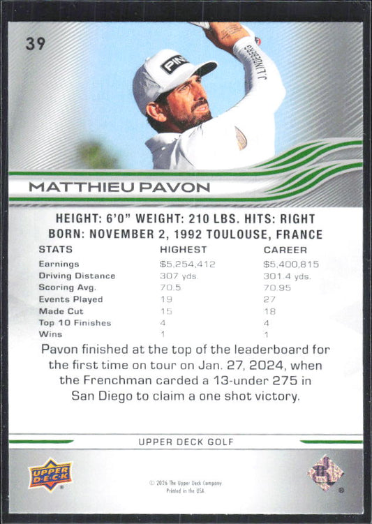 Matthieu Pavon 2026 Upper Deck Golf #39 – baksida