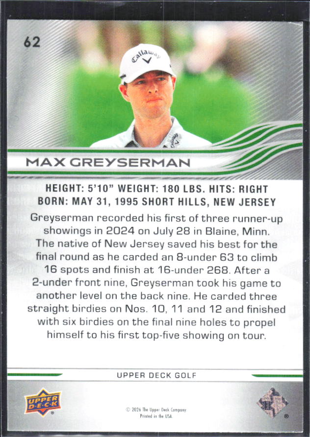 Max Greyserman 2026 Upper Deck Golf #62 – baksida