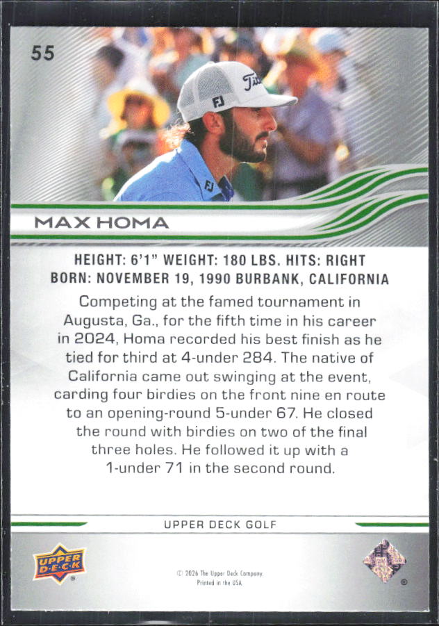 Max Homa 2026 Upper Deck Golf #55 – baksida