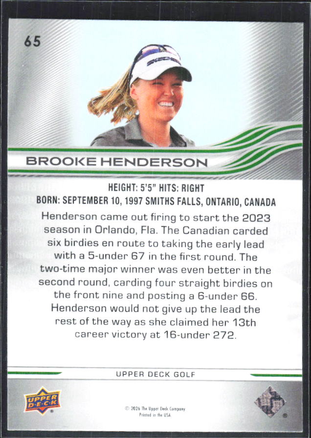 Brooke Henderson 2026 Upper Deck Golf #65 – baksida
