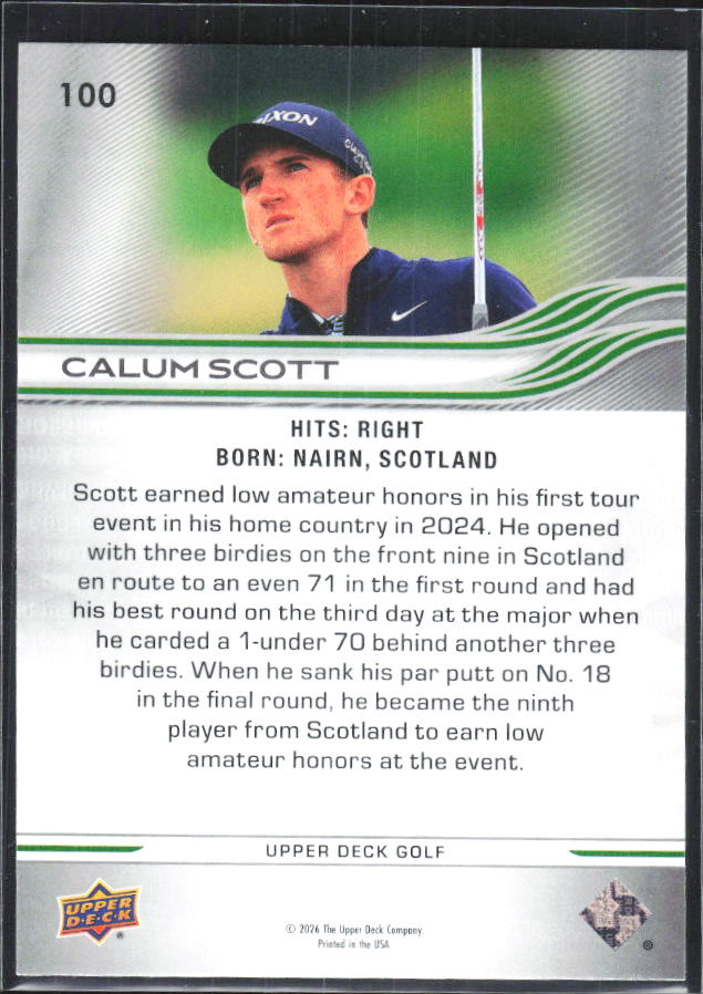 Calum Scott 2026 Upper Deck Golf #100 – baksida