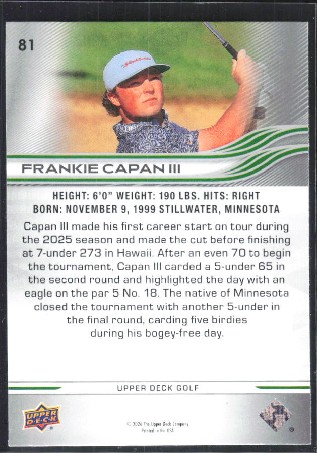 Frankie Capan III 2026 Upper Deck Golf #81 – baksida