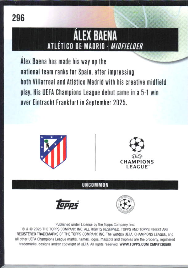 Álex Baena 2025-26 Finest UEFA Uncommon #296 – baksida