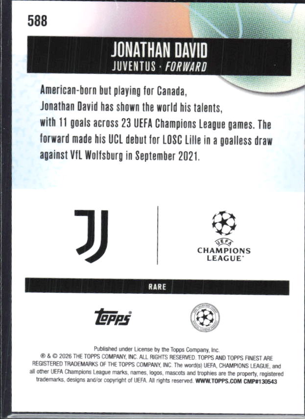Jonathan David 2025-26 Finest UEFA Rare #588 – baksida