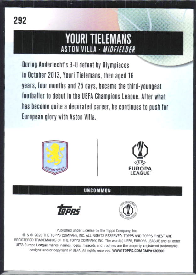 Youri Tielemans 2025-26 Finest UEFA Uncommon #292 – baksida