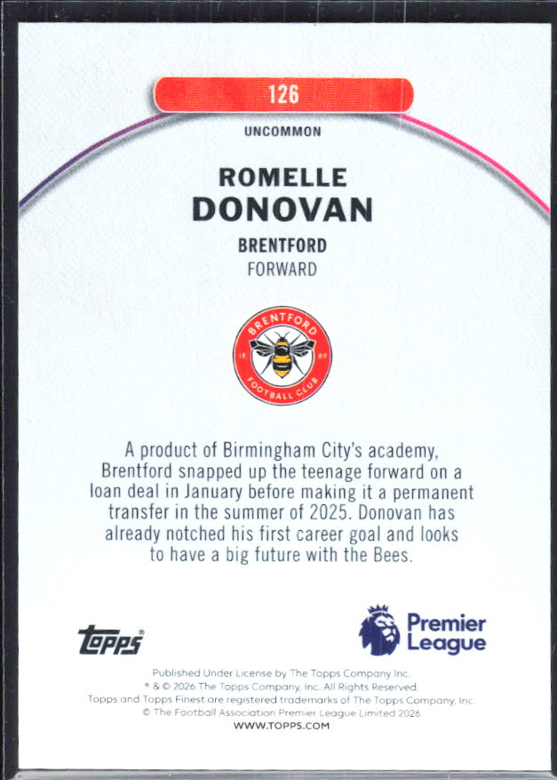 Romelle Donovan 2025-26 Finest Premier League Uncommon #126 – baksida