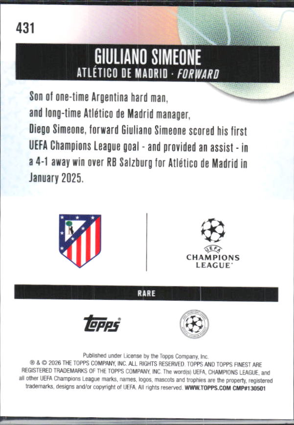 Giuliano Simeone 2025-26 Finest UEFA Rare #431 – baksida