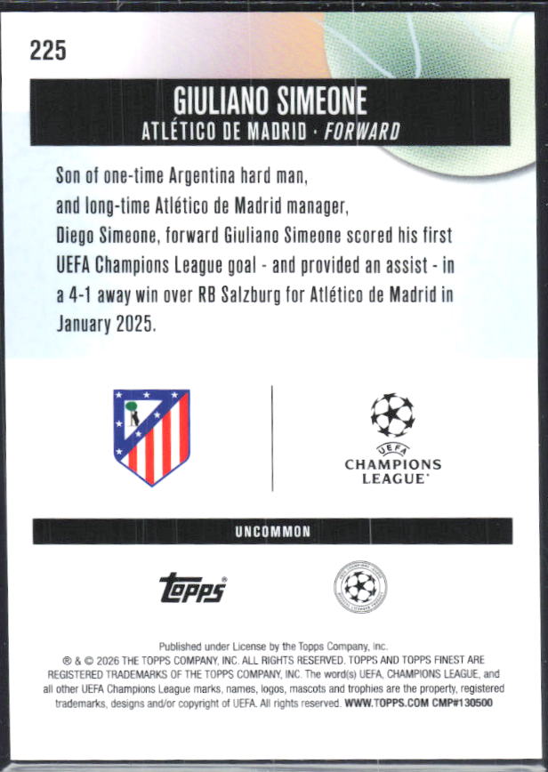 Giuliano Simeone 2025-26 Finest UEFA Uncommon #225 – baksida