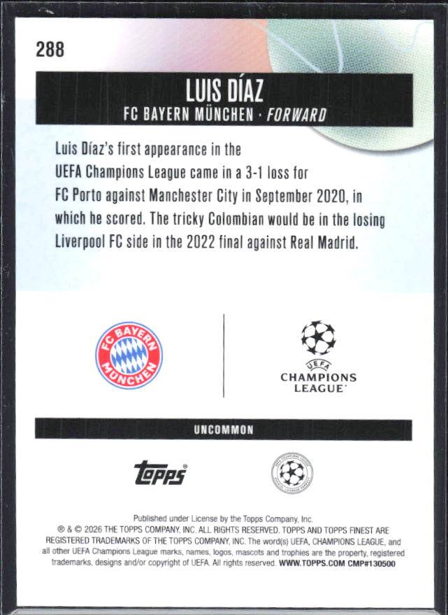 Luis Díaz 2025-26 Finest UEFA Uncommon #288 – baksida