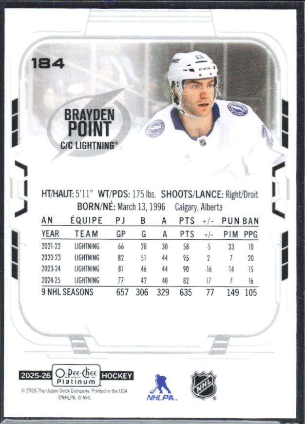 Brayden Point 2025-26 O-Pee-Chee Platinum #184 – baksida