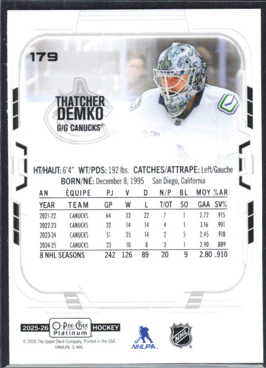 Thatcher Demko 2025-26 O-Pee-Chee Platinum #179 – baksida