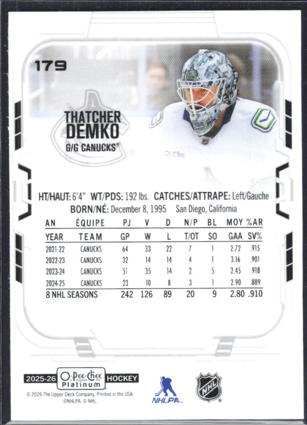 Thatcher Demko 2025-26 O-Pee-Chee Platinum #179 – baksida
