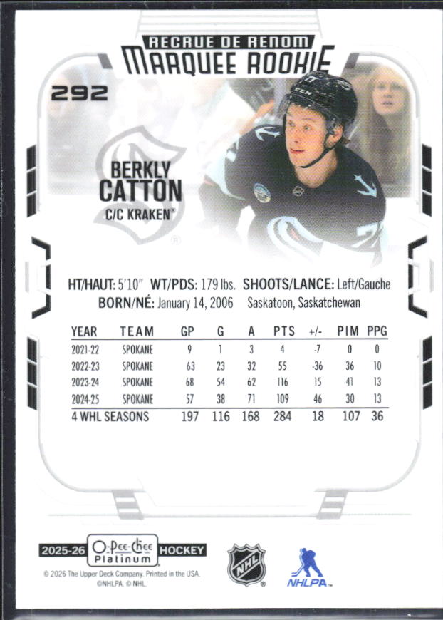 Berkly Catton 2025-26 O-Pee-Chee Platinum Marquee Rookies #292 – baksida