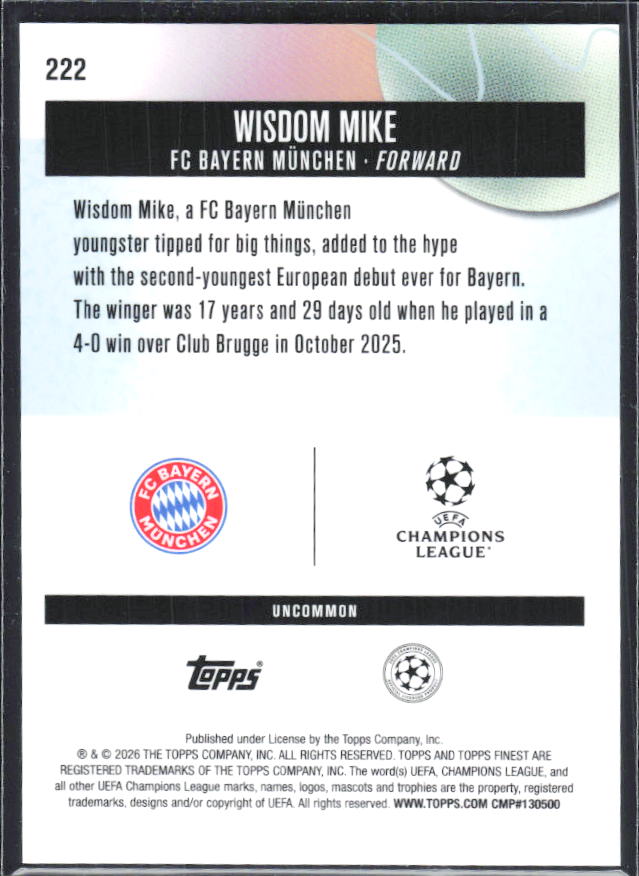 Wisdom Mike 2025-26 Finest UEFA Uncommon #222 – baksida