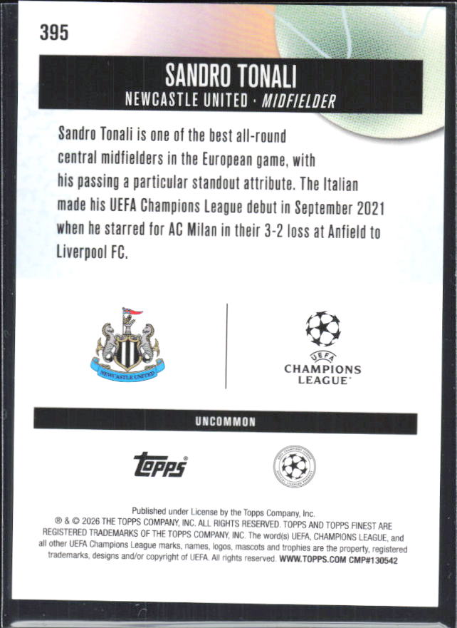 Sandro Tonali 2025-26 Finest UEFA Uncommon #395 – baksida