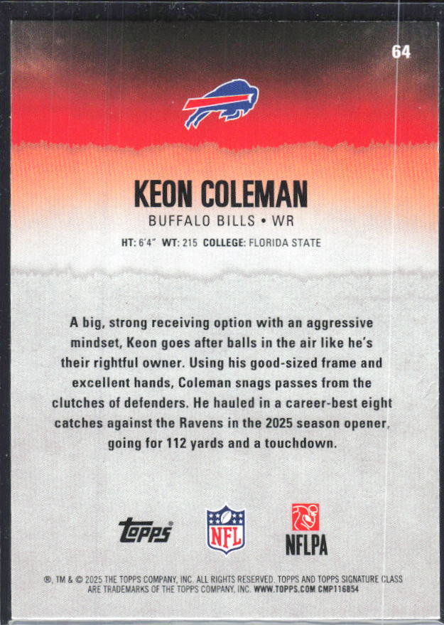 Keon Coleman 2025 Signature Class #64 – baksida